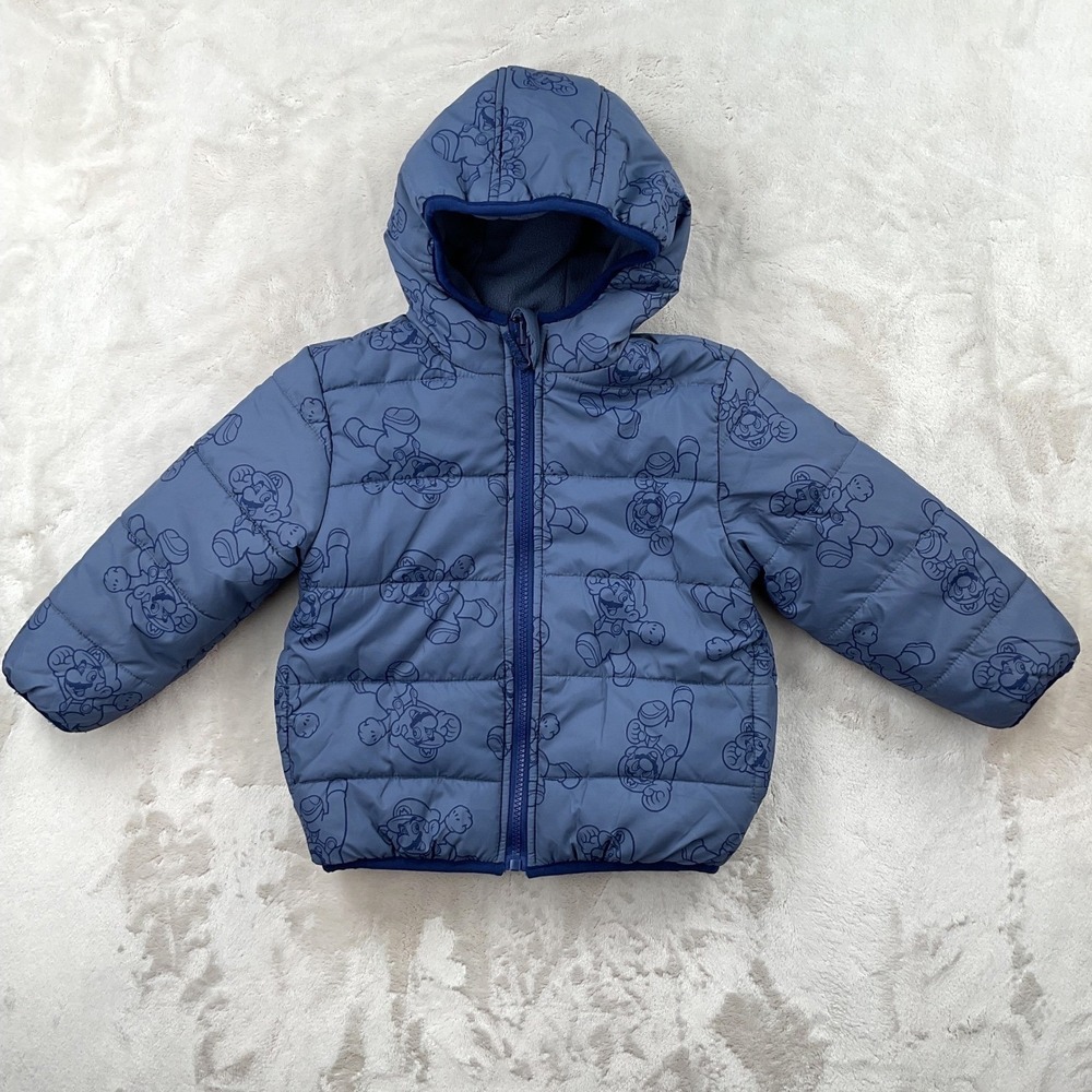 Super Mario Nintendo Blue Puffer Jacket Toddler Boys 3T Hooded Fleece Lined Coat